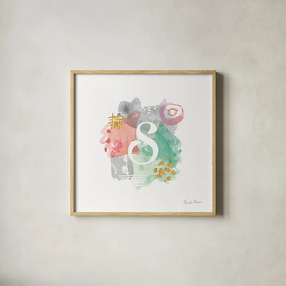 Abstract Monogram S by Farida Zaman. Shown in a natural wood glass frame for a timeless modern aesthetic. Available as an archival giclee rolled canvas, fine art paper, or poster print. SKU 48440a.