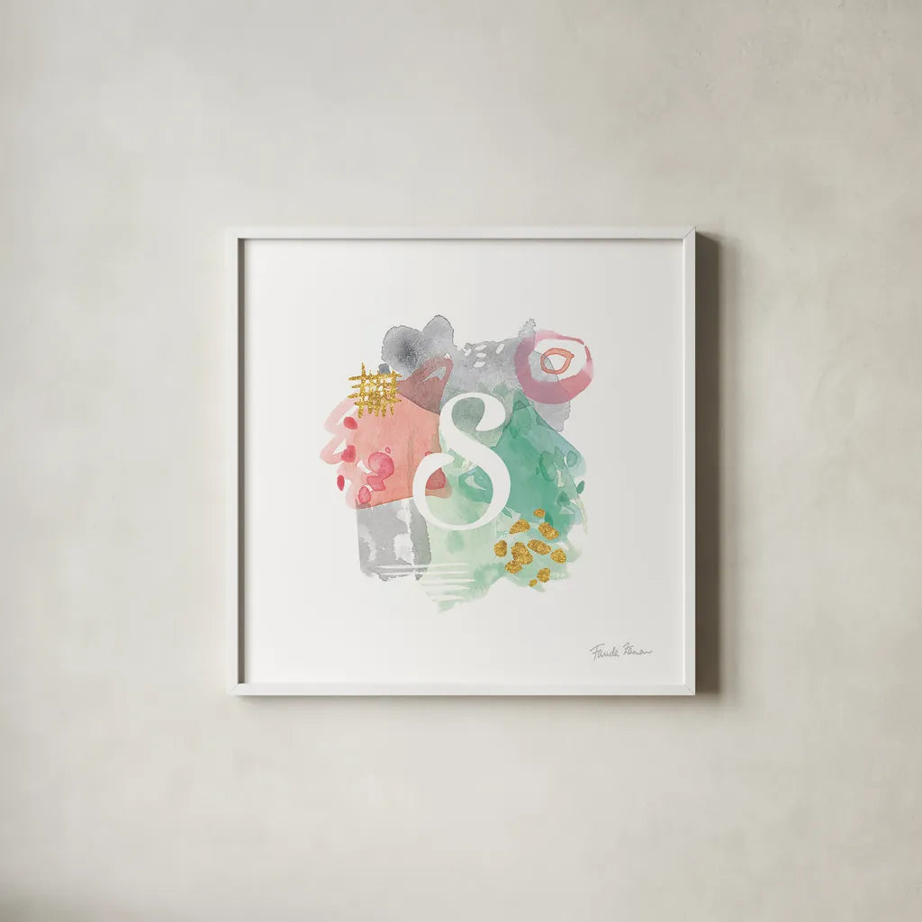 Abstract Monogram S by Farida Zaman. Shown in a crisp white glass frame for a clean and minimalist style. Available as an archival giclee rolled canvas, fine art paper, or poster print. SKU 48440a.