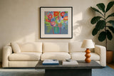 Abstracted Florals by Farida Zaman. Displayed in a glass frame with matte in a clean modern living room. Available as an archival giclee rolled canvas, fine art paper, or poster print. SKU 96313a.