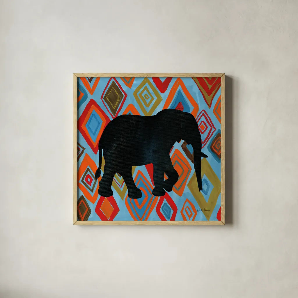 African Animal I by Farida Zaman. Shown in a natural wood glass frame for a timeless modern aesthetic. Available as an archival giclee rolled canvas, fine art paper, or poster print. SKU 42837a.
