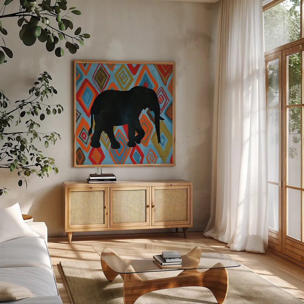 African Animal I by Farida Zaman. Shown in a natural wood frame in a cozy modern living room. Available as an archival giclee rolled canvas, fine art paper, or poster print. SKU 42837a.