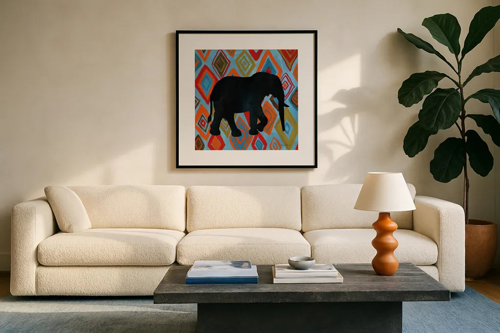 African Animal I by Farida Zaman. Displayed in a glass frame with matte in a clean modern living room. Available as an archival giclee rolled canvas, fine art paper, or poster print. SKU 42837a.