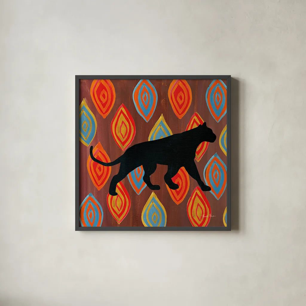African Animal II by Farida Zaman. Shown in a sleek black glass frame for a contemporary gallery look. Available as an archival giclee rolled canvas, fine art paper, or poster print. SKU 42838a.