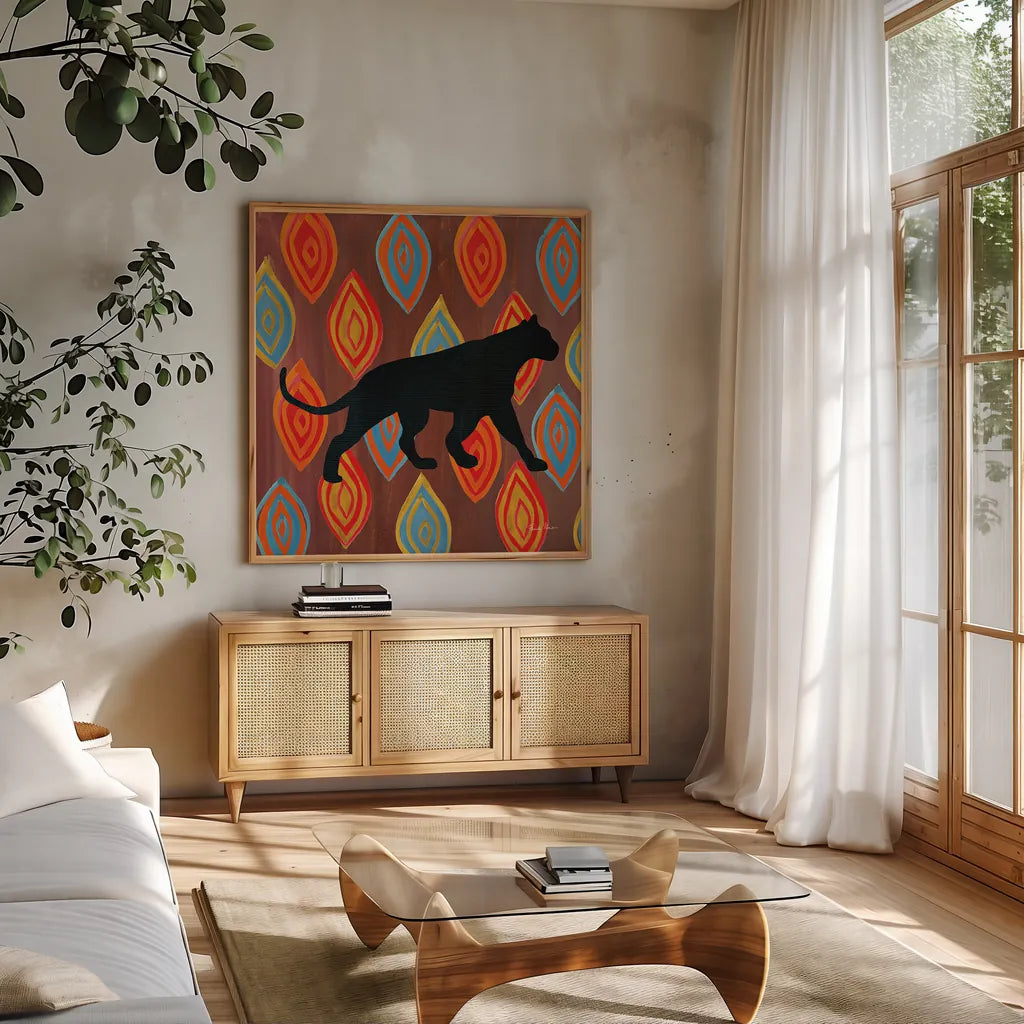 African Animal II by Farida Zaman. Shown in a natural wood frame in a cozy modern living room. Available as an archival giclee rolled canvas, fine art paper, or poster print. SKU 42838a.