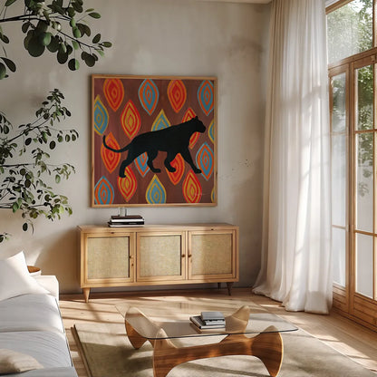 African Animal II by Farida Zaman. Shown in a natural wood frame in a cozy modern living room. Available as an archival giclee rolled canvas, fine art paper, or poster print. SKU 42838a.