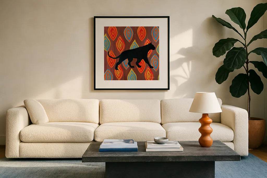 African Animal II by Farida Zaman. Displayed in a glass frame with matte in a clean modern living room. Available as an archival giclee rolled canvas, fine art paper, or poster print. SKU 42838a.