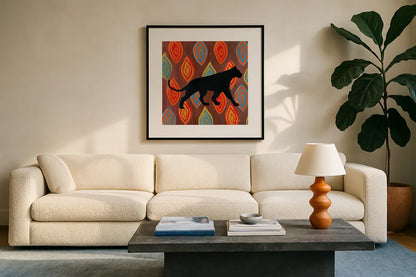 African Animal II by Farida Zaman. Displayed in a glass frame with matte in a clean modern living room. Available as an archival giclee rolled canvas, fine art paper, or poster print. SKU 42838a.