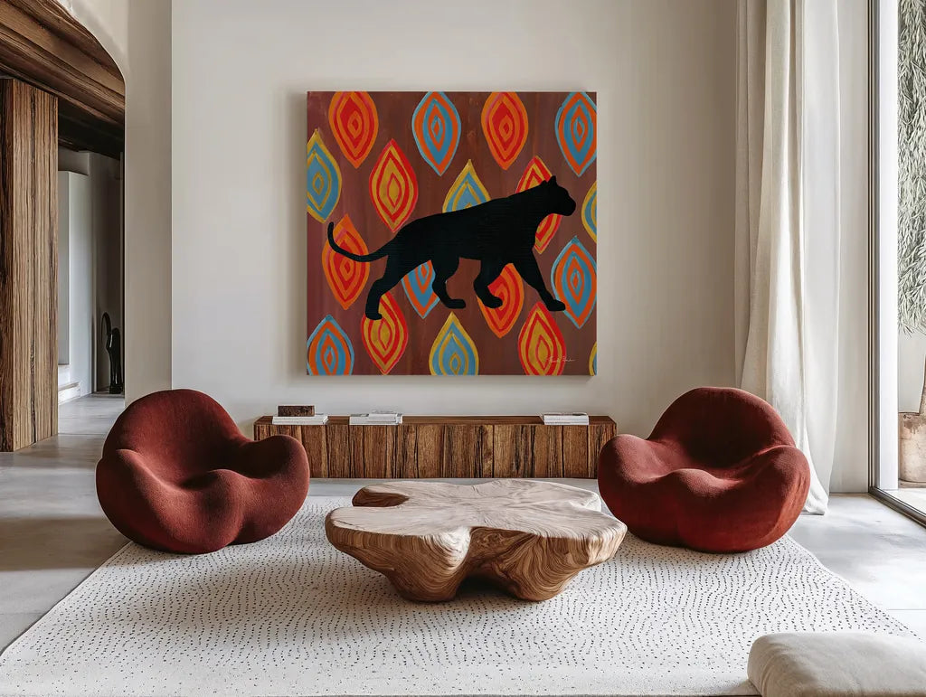 African Animal II by Farida Zaman. Shown as extra-large giant wall art in a modern living room. Available as an archival giclee rolled canvas, fine art paper, or poster print. SKU 42838a.