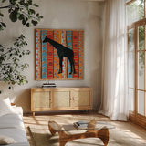 African Animal III by Farida Zaman. Shown in a natural wood frame in a cozy modern living room. Available as an archival giclee rolled canvas, fine art paper, or poster print. SKU 42839a.