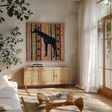 African Animal III Jewel by Farida Zaman. Shown in a natural wood frame in a cozy modern living room. Available as an archival giclee rolled canvas, fine art paper, or poster print. SKU 53985a.