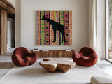 African Animal III Jewel by Farida Zaman. Shown as extra-large giant wall art in a modern living room. Available as an archival giclee rolled canvas, fine art paper, or poster print. SKU 53985a.