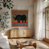 African Animal IV  by Farida Zaman. Shown in a natural wood frame in a cozy modern living room. Available as an archival giclee rolled canvas, fine art paper, or poster print. SKU 42840a.