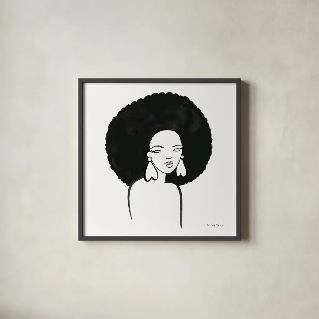 Afro Girl I by Farida Zaman. Shown in a sleek black glass frame for a contemporary gallery look. Available as an archival giclee rolled canvas, fine art paper, or poster print. SKU 68003a.