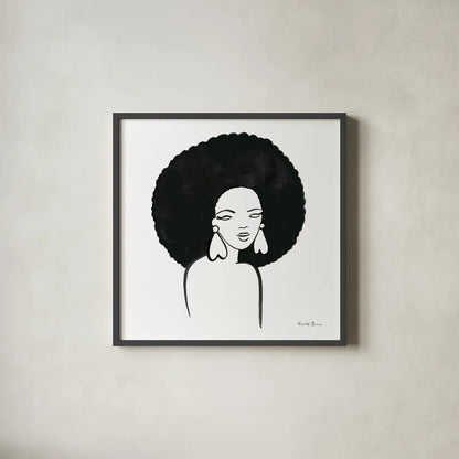 Afro Girl I by Farida Zaman. Shown in a sleek black glass frame for a contemporary gallery look. Available as an archival giclee rolled canvas, fine art paper, or poster print. SKU 68003a.