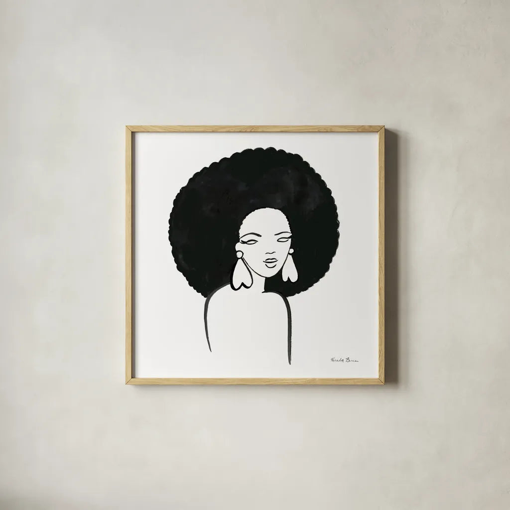 Afro Girl I by Farida Zaman. Shown in a natural wood glass frame for a timeless modern aesthetic. Available as an archival giclee rolled canvas, fine art paper, or poster print. SKU 68003a.
