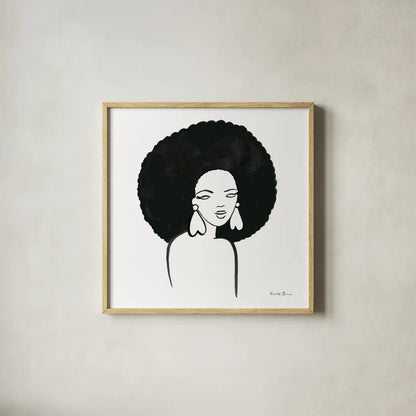 Afro Girl I by Farida Zaman. Shown in a natural wood glass frame for a timeless modern aesthetic. Available as an archival giclee rolled canvas, fine art paper, or poster print. SKU 68003a.