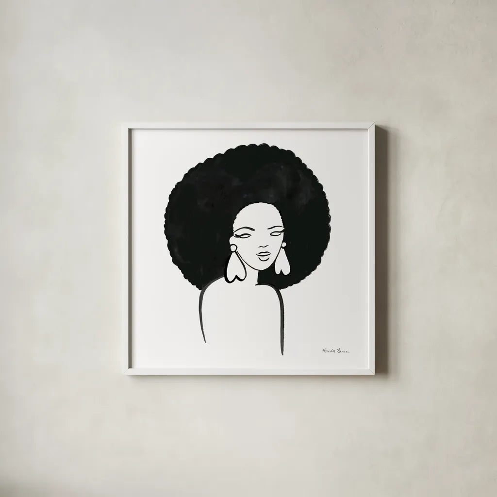 Afro Girl I by Farida Zaman. Shown in a crisp white glass frame for a clean and minimalist style. Available as an archival giclee rolled canvas, fine art paper, or poster print. SKU 68003a.