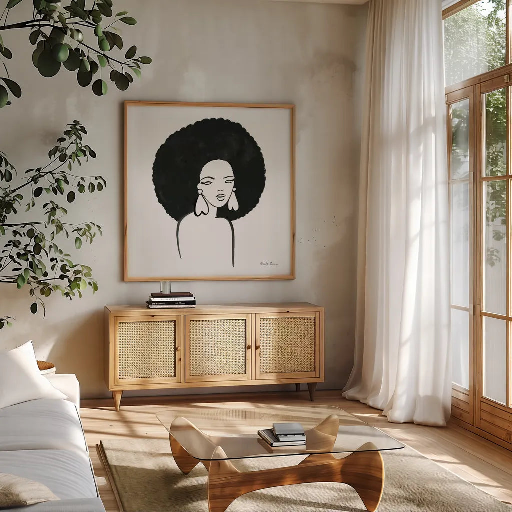 Afro Girl I by Farida Zaman. Shown in a natural wood frame in a cozy modern living room. Available as an archival giclee rolled canvas, fine art paper, or poster print. SKU 68003a.