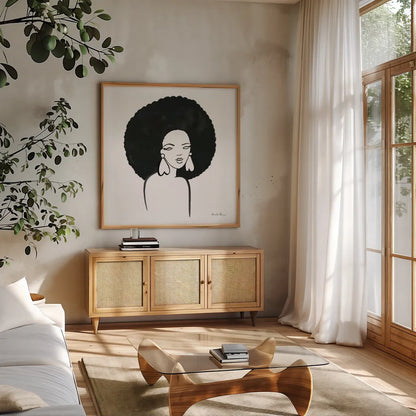 Afro Girl I by Farida Zaman. Shown in a natural wood frame in a cozy modern living room. Available as an archival giclee rolled canvas, fine art paper, or poster print. SKU 68003a.