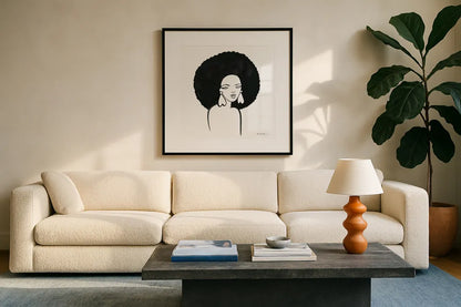 Afro Girl I by Farida Zaman. Displayed in a glass frame with matte in a clean modern living room. Available as an archival giclee rolled canvas, fine art paper, or poster print. SKU 68003a.