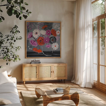 After Hours by Farida Zaman. Shown in a natural wood frame in a cozy modern living room. Available as an archival giclee rolled canvas, fine art paper, or poster print. SKU 38708a.