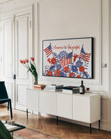 America the Beautiful I by Farida Zaman. shown as a framed stretched canvas in a living room above a console. Available as a archival giclee rolled canvas, fine art paper, or poster print. SKU 47535i.