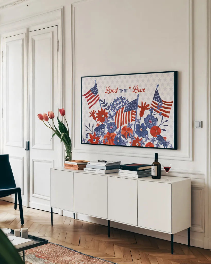 America the Beautiful I Love by Farida Zaman. shown as a framed stretched canvas in a living room above a console. Available as a archival giclee rolled canvas, fine art paper, or poster print. SKU 71384i.