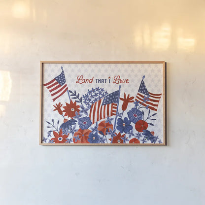 America the Beautiful I Love by Farida Zaman. shown as a paper print in a natural frame. Available as a archival giclee rolled canvas, fine art paper, or poster print. SKU 71384i.
