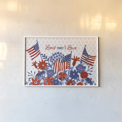 America the Beautiful I Love by Farida Zaman. shown as a paper print in a white frame. Available as a archival giclee rolled canvas, fine art paper, or poster print. SKU 71384i.