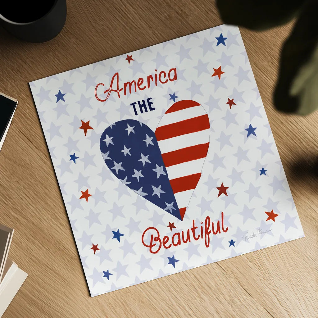 America the Beautiful II Square by Farida Zaman. Shown as a detailed flat fine art print, highlighting archival giclee quality. Available as an archival giclee rolled canvas, fine art paper, or poster print. SKU 55651a.
