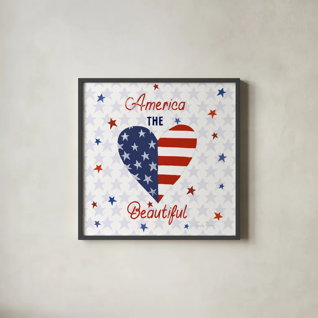 America the Beautiful II Square by Farida Zaman. Shown in a sleek black glass frame for a contemporary gallery look. Available as an archival giclee rolled canvas, fine art paper, or poster print. SKU 55651a.