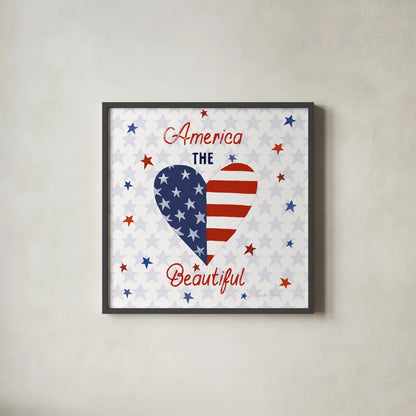 America the Beautiful II Square by Farida Zaman. Shown in a sleek black glass frame for a contemporary gallery look. Available as an archival giclee rolled canvas, fine art paper, or poster print. SKU 55651a.