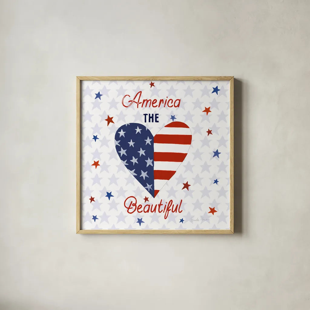 America the Beautiful II Square by Farida Zaman. Shown in a natural wood glass frame for a timeless modern aesthetic. Available as an archival giclee rolled canvas, fine art paper, or poster print. SKU 55651a.
