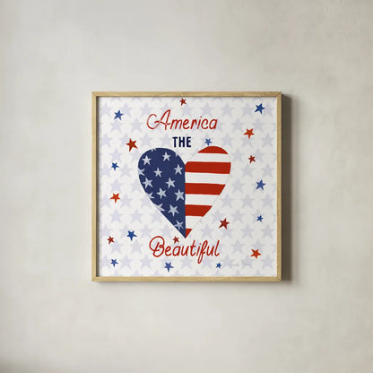 America the Beautiful II Square by Farida Zaman. Shown in a natural wood glass frame for a timeless modern aesthetic. Available as an archival giclee rolled canvas, fine art paper, or poster print. SKU 55651a.