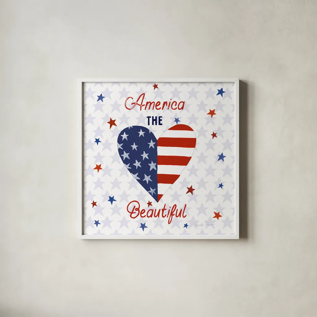America the Beautiful II Square by Farida Zaman. Shown in a crisp white glass frame for a clean and minimalist style. Available as an archival giclee rolled canvas, fine art paper, or poster print. SKU 55651a.