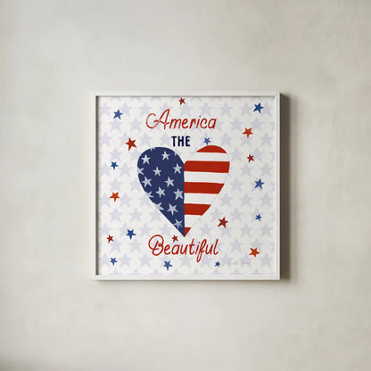 America the Beautiful II Square by Farida Zaman. Shown in a crisp white glass frame for a clean and minimalist style. Available as an archival giclee rolled canvas, fine art paper, or poster print. SKU 55651a.
