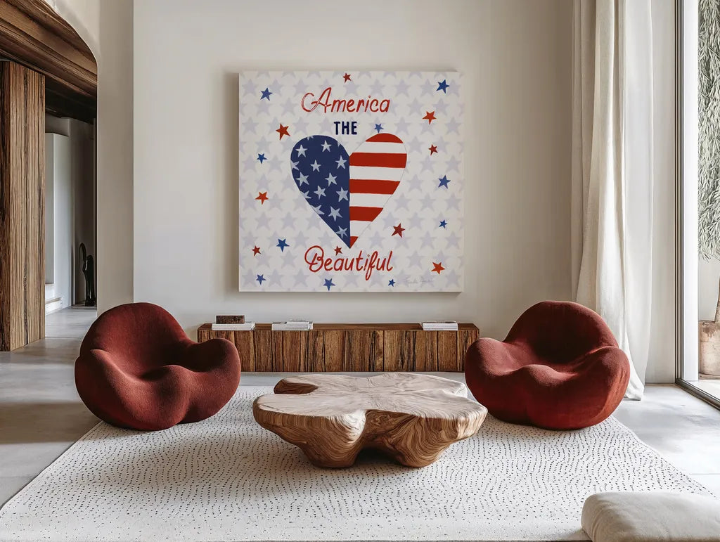 America the Beautiful II Square by Farida Zaman. Shown as extra-large giant wall art in a modern living room. Available as an archival giclee rolled canvas, fine art paper, or poster print. SKU 55651a.