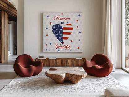 America the Beautiful II Square by Farida Zaman. Shown as extra-large giant wall art in a modern living room. Available as an archival giclee rolled canvas, fine art paper, or poster print. SKU 55651a.
