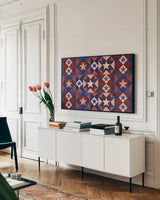 America the Beautiful VIII by Farida Zaman. shown as a framed stretched canvas in a living room above a console. Available as a archival giclee rolled canvas, fine art paper, or poster print. SKU 47542i.