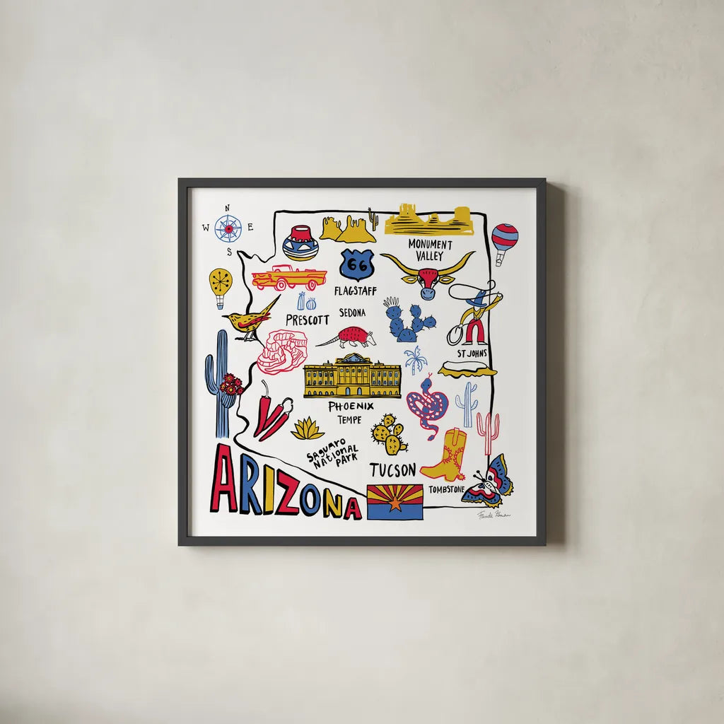 Arizona by Farida Zaman. Shown in a sleek black glass frame for a contemporary gallery look. Available as an archival giclee rolled canvas, fine art paper, or poster print. SKU 68459a.