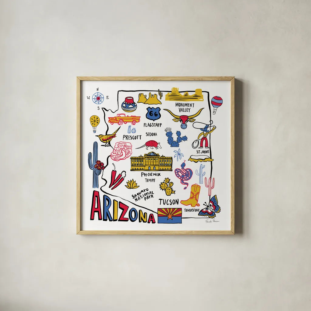 Arizona by Farida Zaman. Shown in a natural wood glass frame for a timeless modern aesthetic. Available as an archival giclee rolled canvas, fine art paper, or poster print. SKU 68459a.