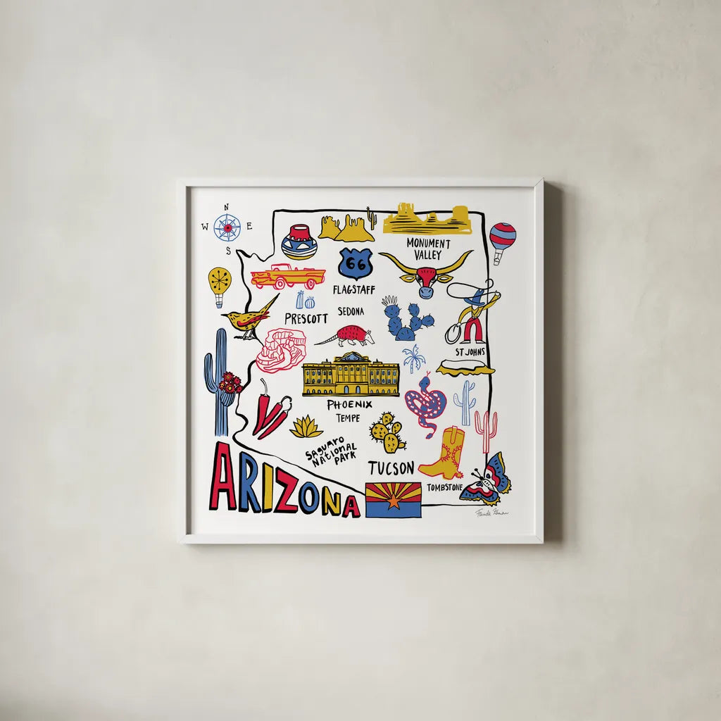 Arizona by Farida Zaman. Shown in a crisp white glass frame for a clean and minimalist style. Available as an archival giclee rolled canvas, fine art paper, or poster print. SKU 68459a.