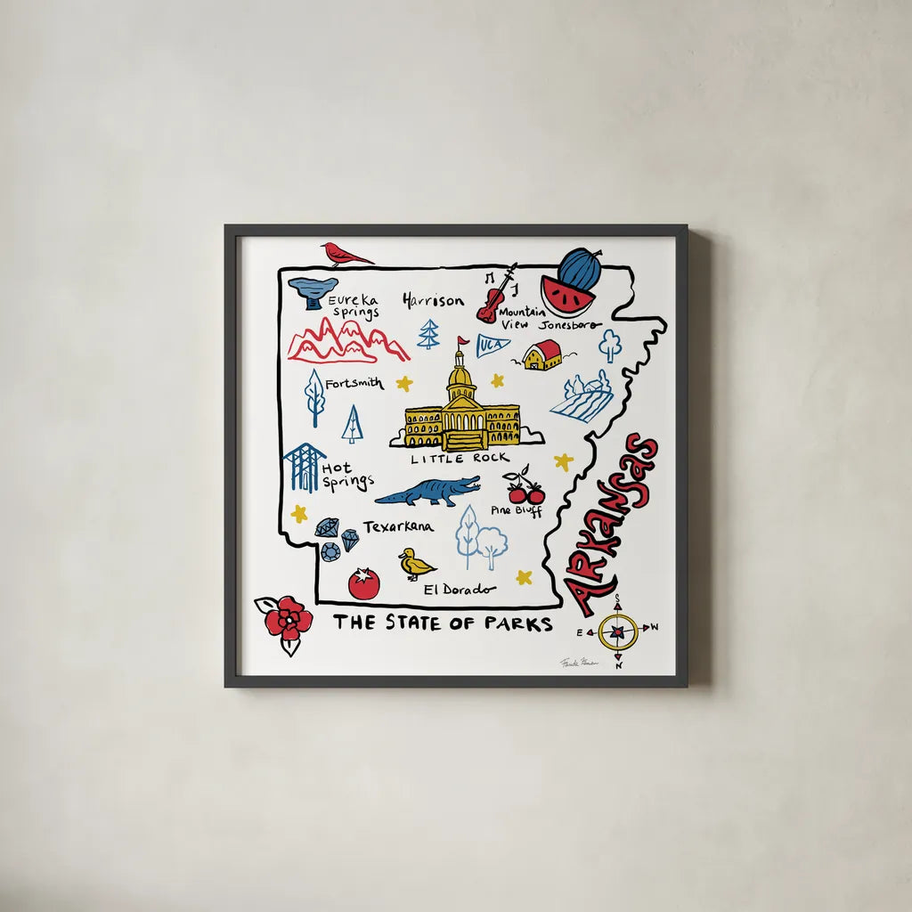 Arkansas by Farida Zaman. Shown in a sleek black glass frame for a contemporary gallery look. Available as an archival giclee rolled canvas, fine art paper, or poster print. SKU 87821a.