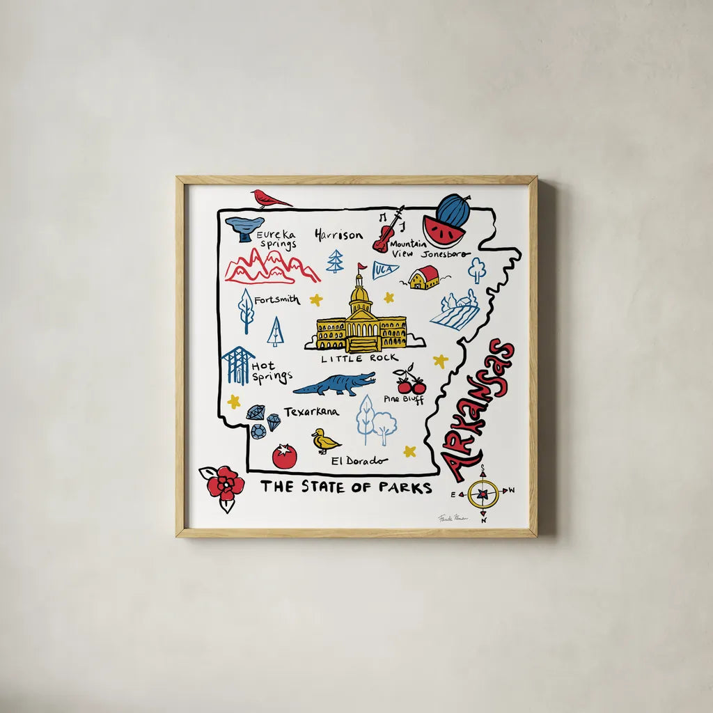 Arkansas by Farida Zaman. Shown in a natural wood glass frame for a timeless modern aesthetic. Available as an archival giclee rolled canvas, fine art paper, or poster print. SKU 87821a.