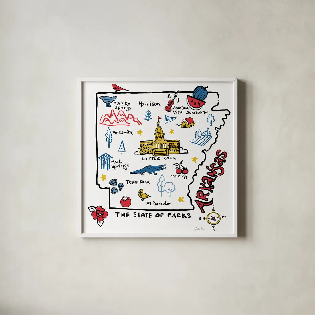 Arkansas by Farida Zaman. Shown in a crisp white glass frame for a clean and minimalist style. Available as an archival giclee rolled canvas, fine art paper, or poster print. SKU 87821a.