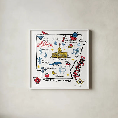 Arkansas by Farida Zaman. Shown in a crisp white glass frame for a clean and minimalist style. Available as an archival giclee rolled canvas, fine art paper, or poster print. SKU 87821a.