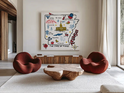Arkansas by Farida Zaman. Shown as extra-large giant wall art in a modern living room. Available as an archival giclee rolled canvas, fine art paper, or poster print. SKU 87821a.