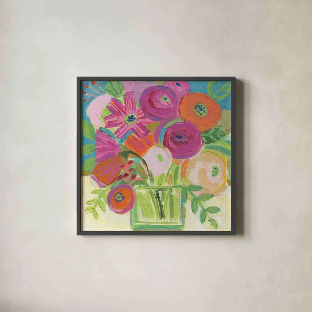 Artistic Bouquet by Farida Zaman. Shown in a sleek black glass frame for a contemporary gallery look. Available as an archival giclee rolled canvas, fine art paper, or poster print. SKU 96314a.