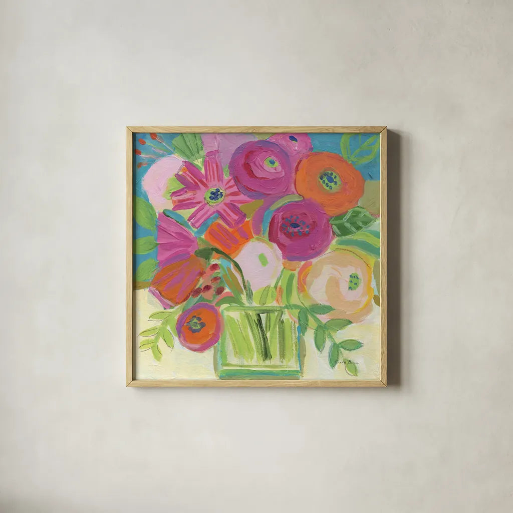 Artistic Bouquet by Farida Zaman. Shown in a natural wood glass frame for a timeless modern aesthetic. Available as an archival giclee rolled canvas, fine art paper, or poster print. SKU 96314a.