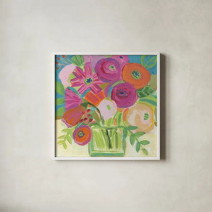Artistic Bouquet by Farida Zaman. Shown in a crisp white glass frame for a clean and minimalist style. Available as an archival giclee rolled canvas, fine art paper, or poster print. SKU 96314a.